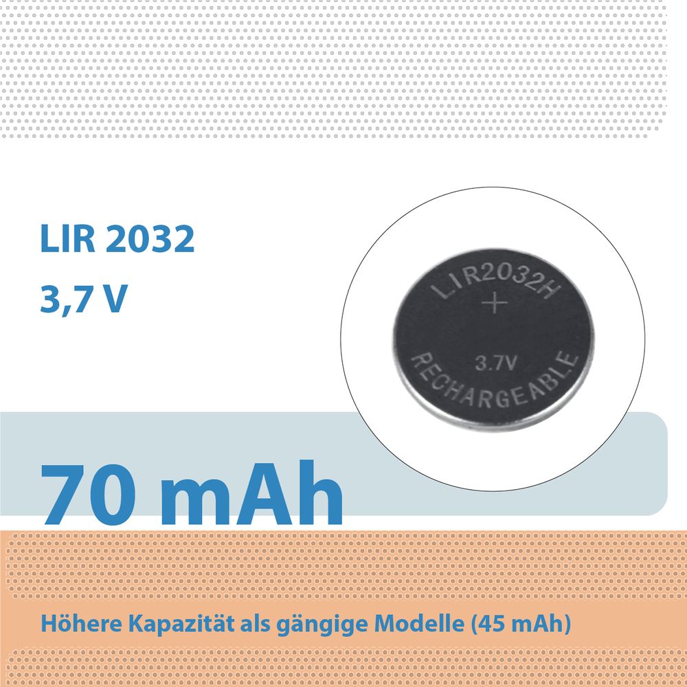 LIR2032 70 mAh 3,7V Wiederaufladbare LIthium Ion Hochleistung Knopfzellen